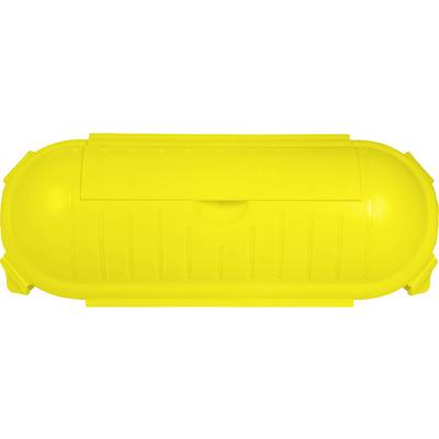 Conteneur en plastique jaune, allongé, avec un couvercle rabattable, adapté au stockage ou au transport d'objets.