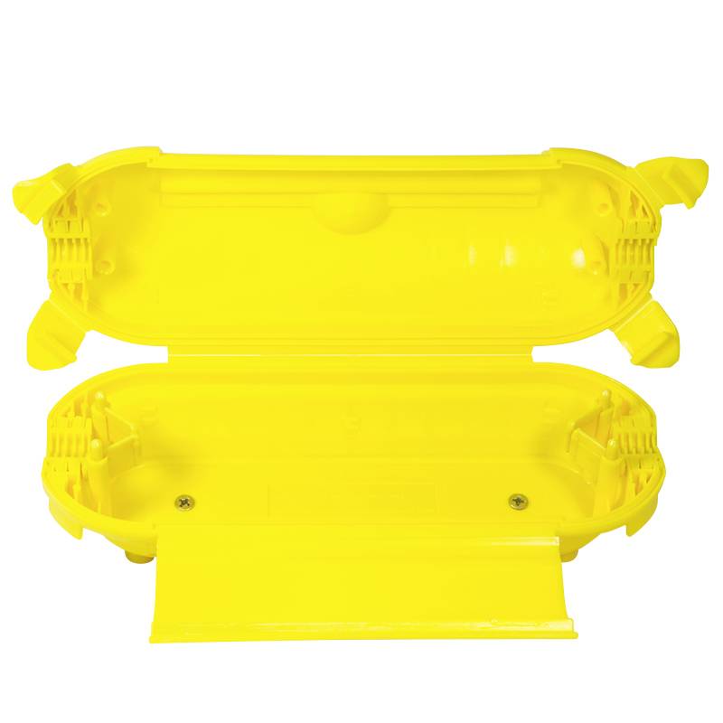 Un connecteur de câble jaune, représenté ouvert, pour une connexion sécurisée des câbles électriques ou de données.