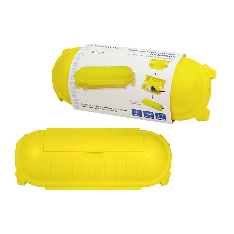 Boîte de protection jaune pour rallonges électriques, vue de dessus et emballée, empêchant l'infiltration d'eau et de poussière.