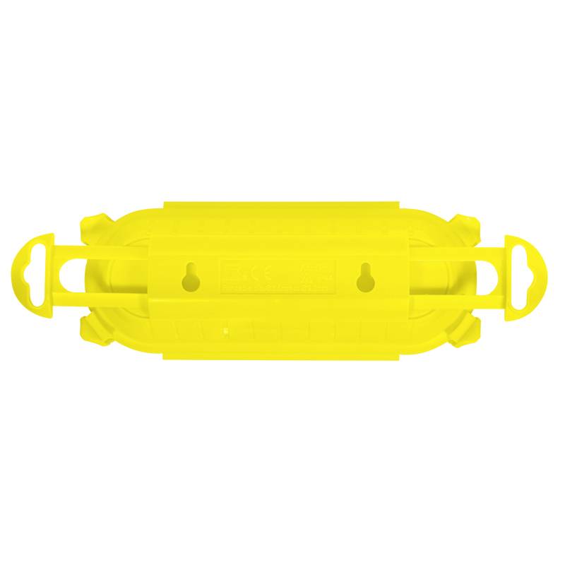 Verrou de sécurité en plastique jaune avec des trous pour la fixation sur un câble ou un tube, utilisé pour les systèmes de verrouillage.