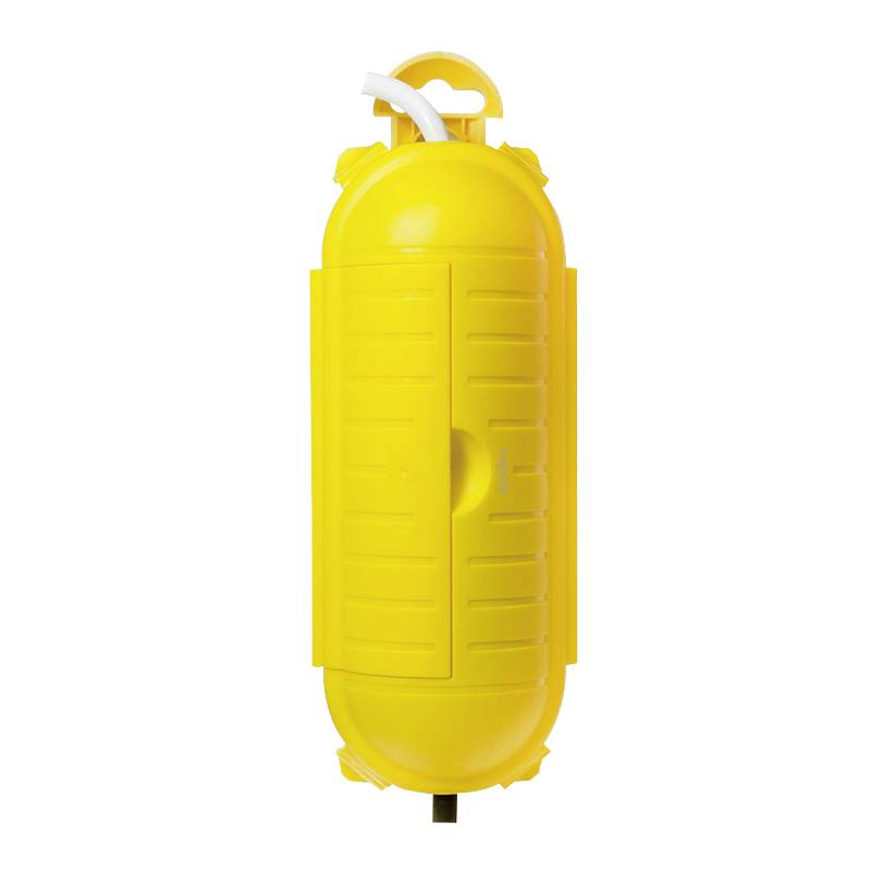 Conteneur en plastique jaune avec poignée et raccord de tuyau supérieur, probablement un filtre à eau ou un boîtier de protection.