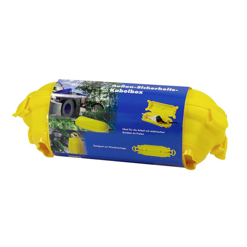 Boîte de câbles de sécurité jaune pour extérieur, idéale pour protéger les connexions électriques en extérieur. Adaptée à différentes conditions météorologiques.