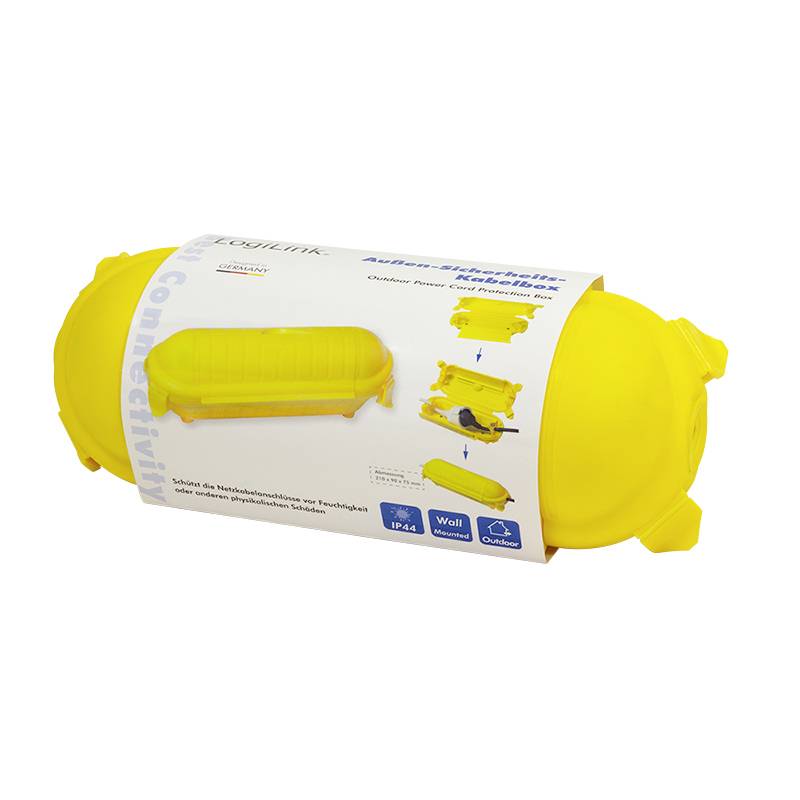 Boîte de dérivation jaune pour câbles, destinée à l'extérieur avec indice de protection IP44, idéale pour la protection contre les intempéries. L'emballage présente les possibilités d'utilisation.