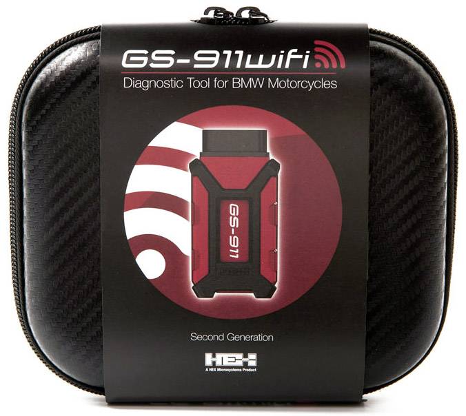 Étui noir portant l'inscription 'GS-911wifi Diagnostic Tool for BMW Motorcycles'. Contient un appareil de diagnostic rouge, deuxième génération.