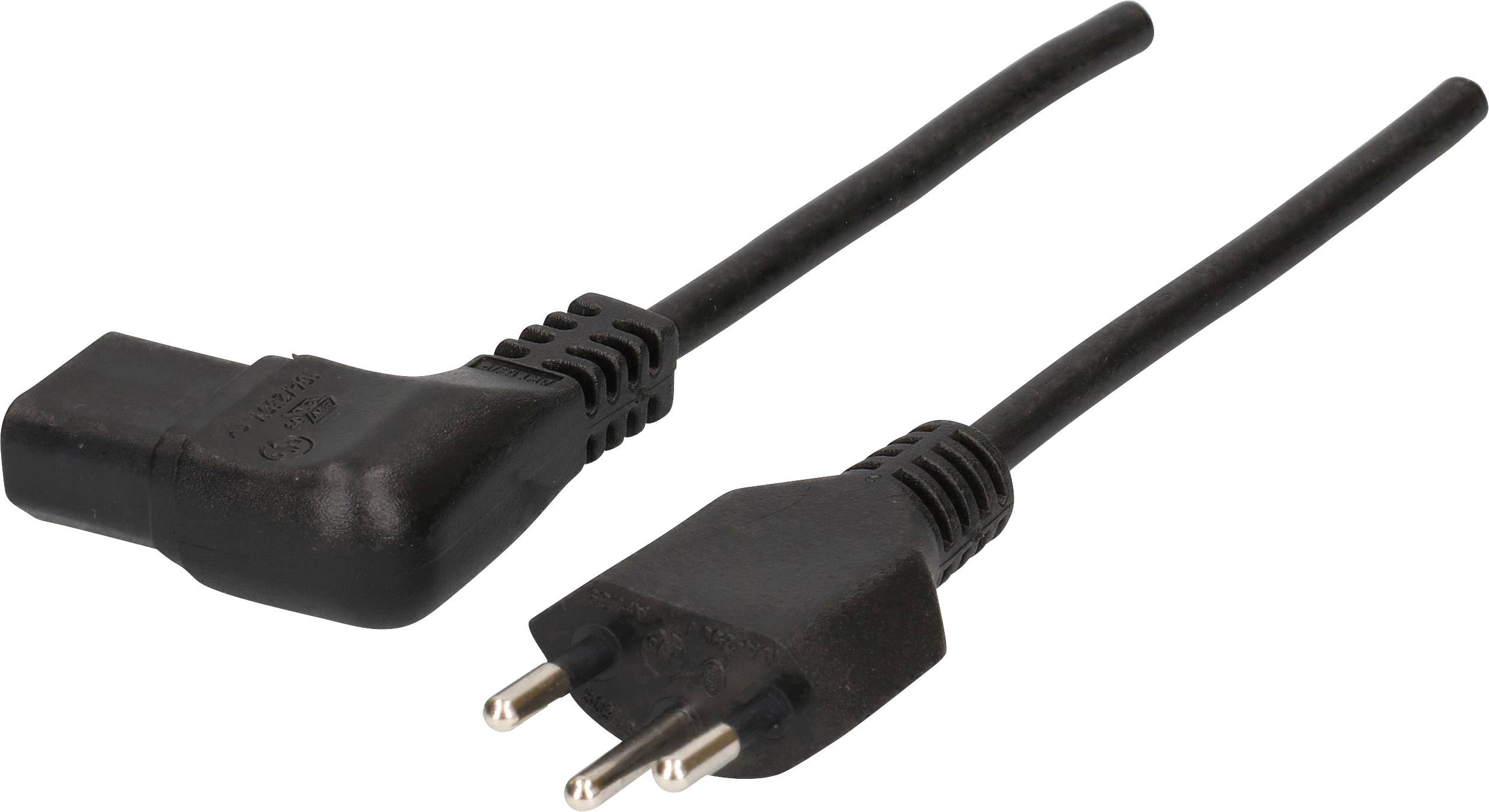 Câble réseau noir avec fiche européenne et connecteur IEC coudé, utilisé pour les appareils électroniques et les ordinateurs.