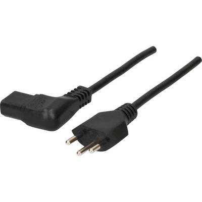 Câble réseau noir avec fiche européenne et connecteur IEC coudé, utilisé pour les appareils électroniques et les ordinateurs.
