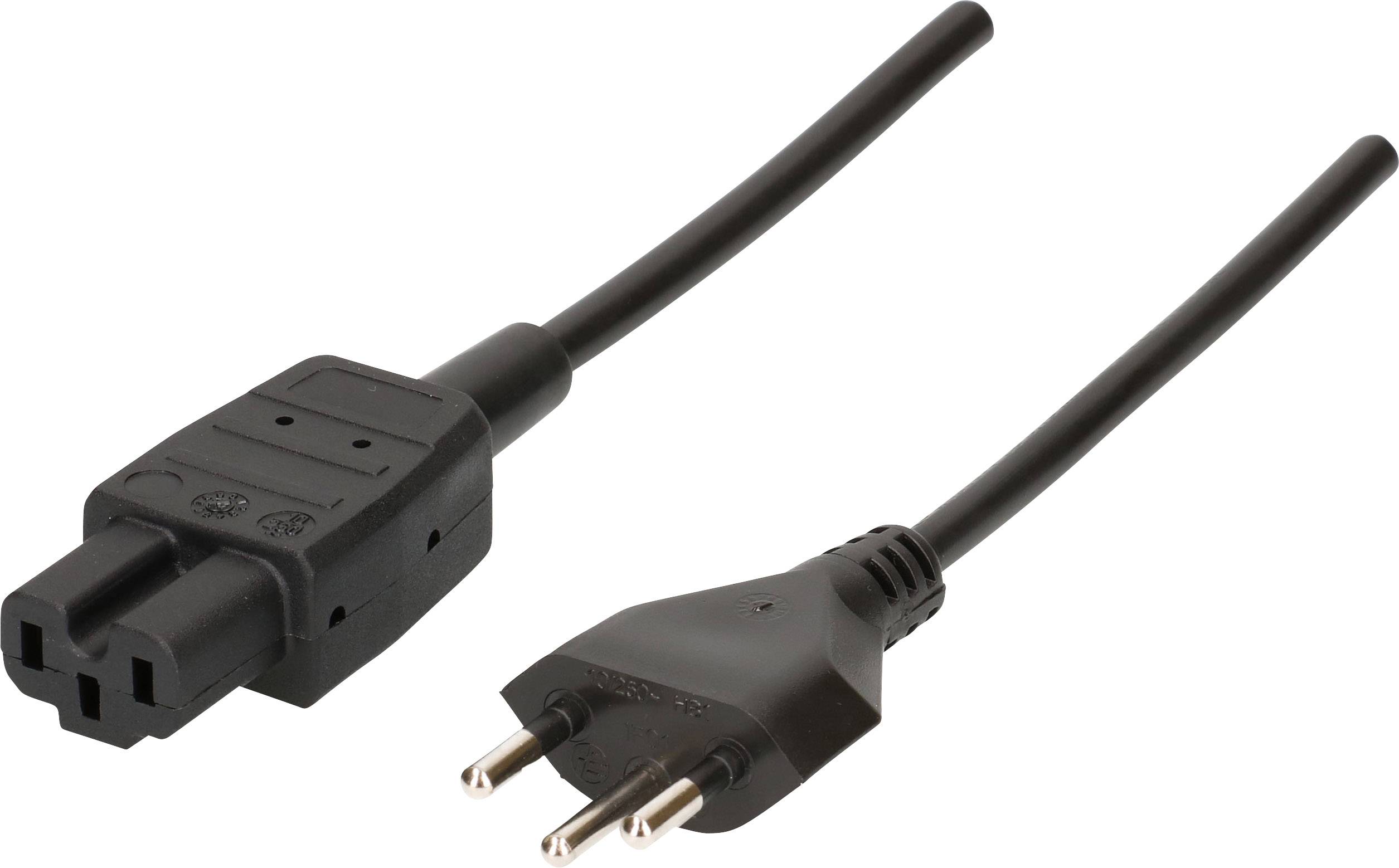 Un câble d'alimentation noir avec une fiche Schuko à une extrémité et un connecteur IEC à l'autre.