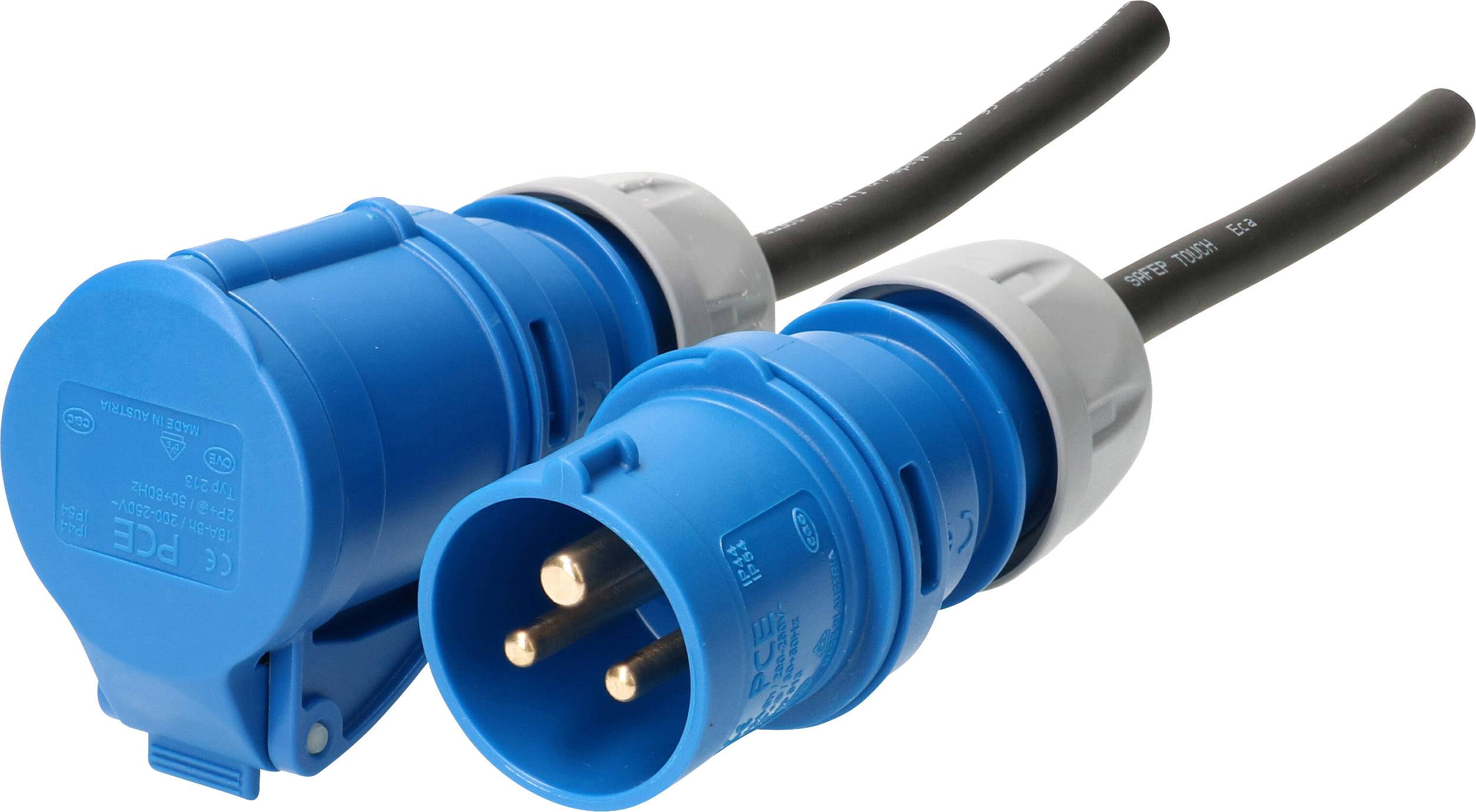 Deux connecteurs CEE bleus, mâle et femelle, avec des bagues grises, pour l'alimentation électrique industrielle, sur fond blanc.