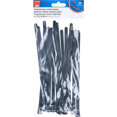 Sur l'emballage, il est écrit : « Attaches de câbles refermables, 20 pièces, 7,5 x 200 mm, noir ». Vingt attaches de câbles noires sont visibles.
