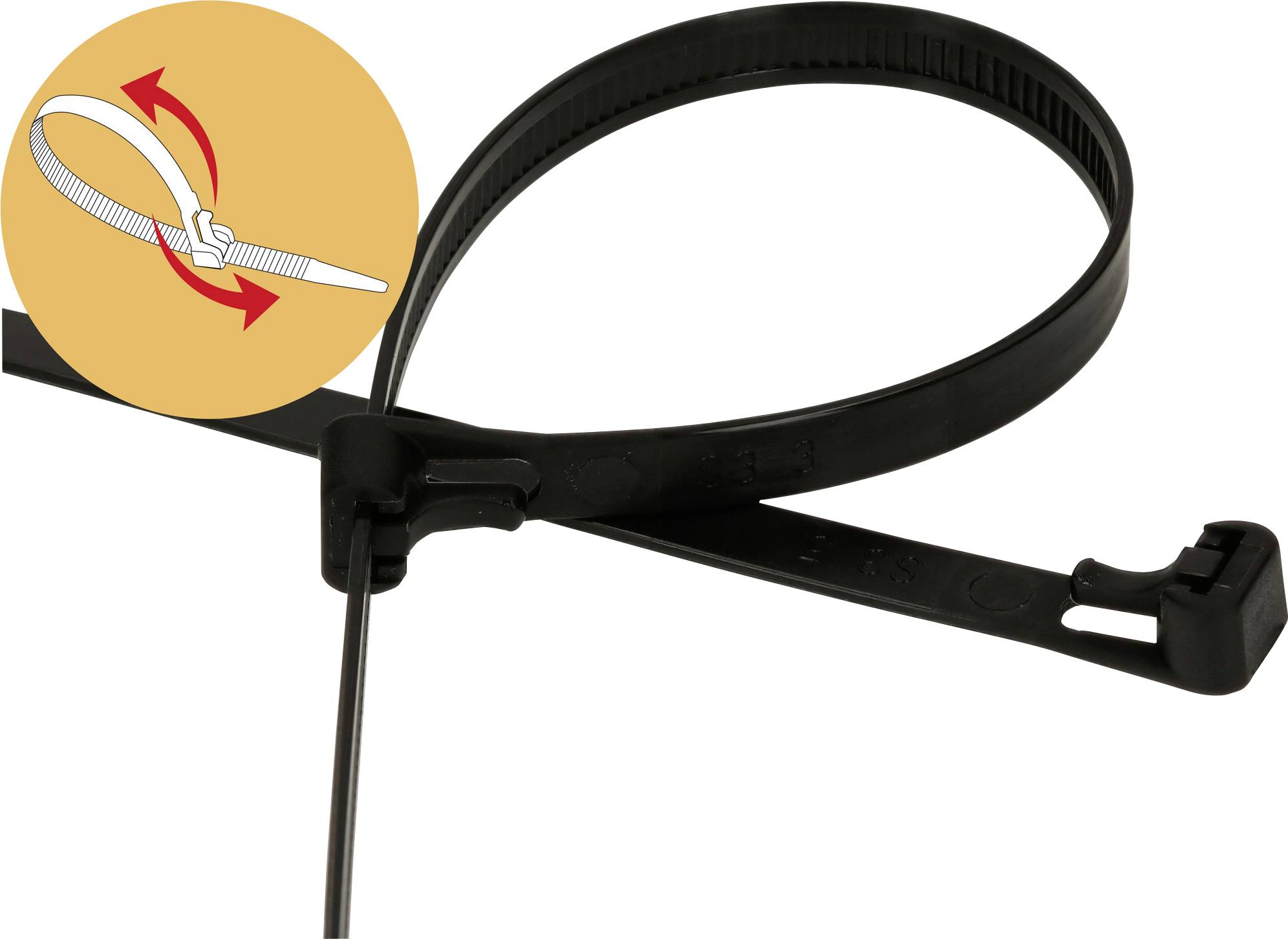 Un collier de serrage noir sur fond blanc. En haut à gauche, un graphique explicatif montre comment le collier de serrage est inséré pour être serré.