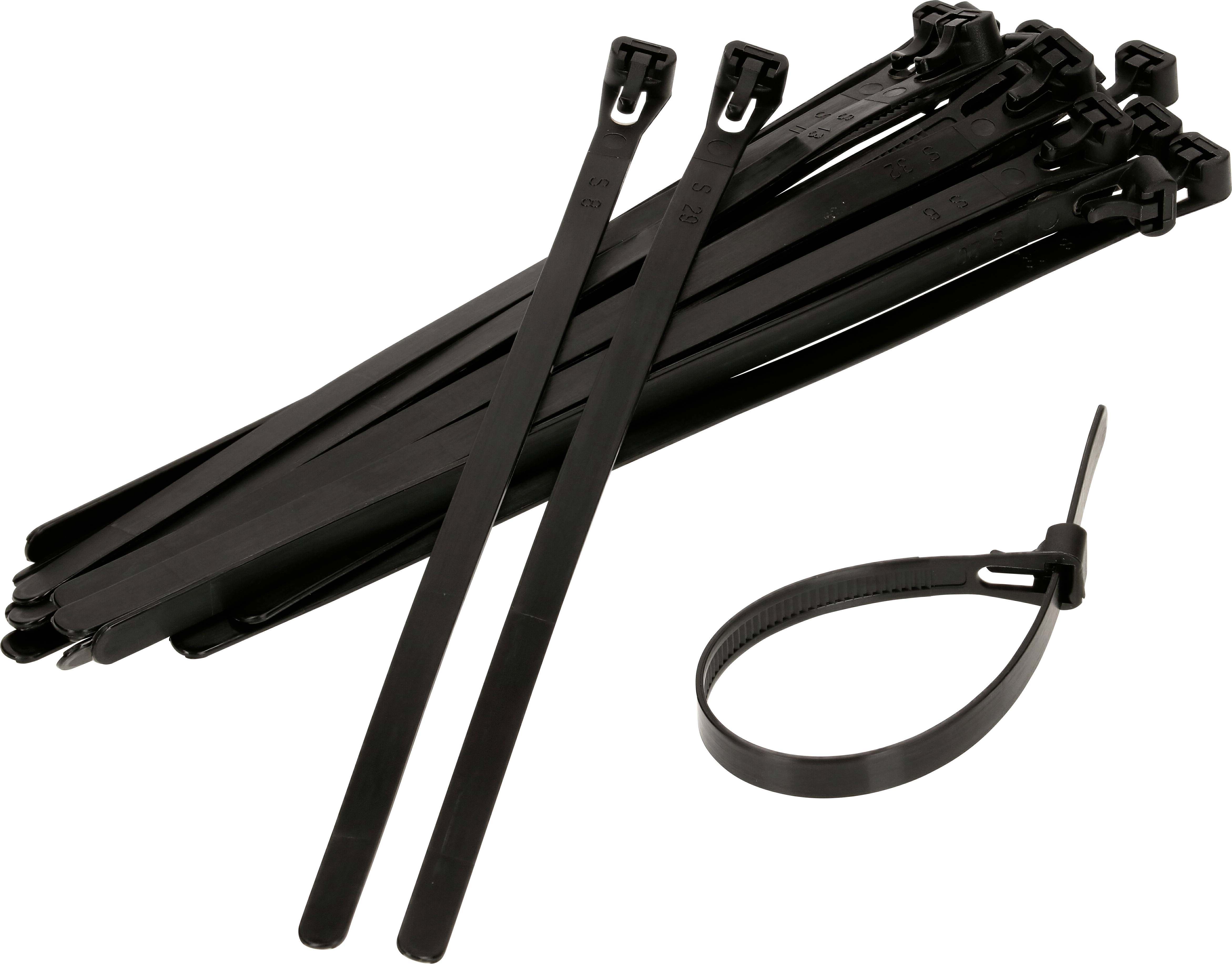 Attaches-câbles noirs de différentes longueurs, dont certains sont attachés ensemble. Ils servent à fixer ou à organiser des câbles et des objets.