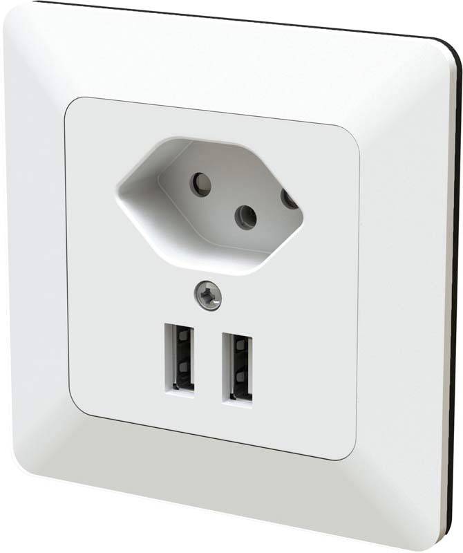 Prise murale blanche équipée de deux ports USB. Idéale pour charger simultanément plusieurs appareils.