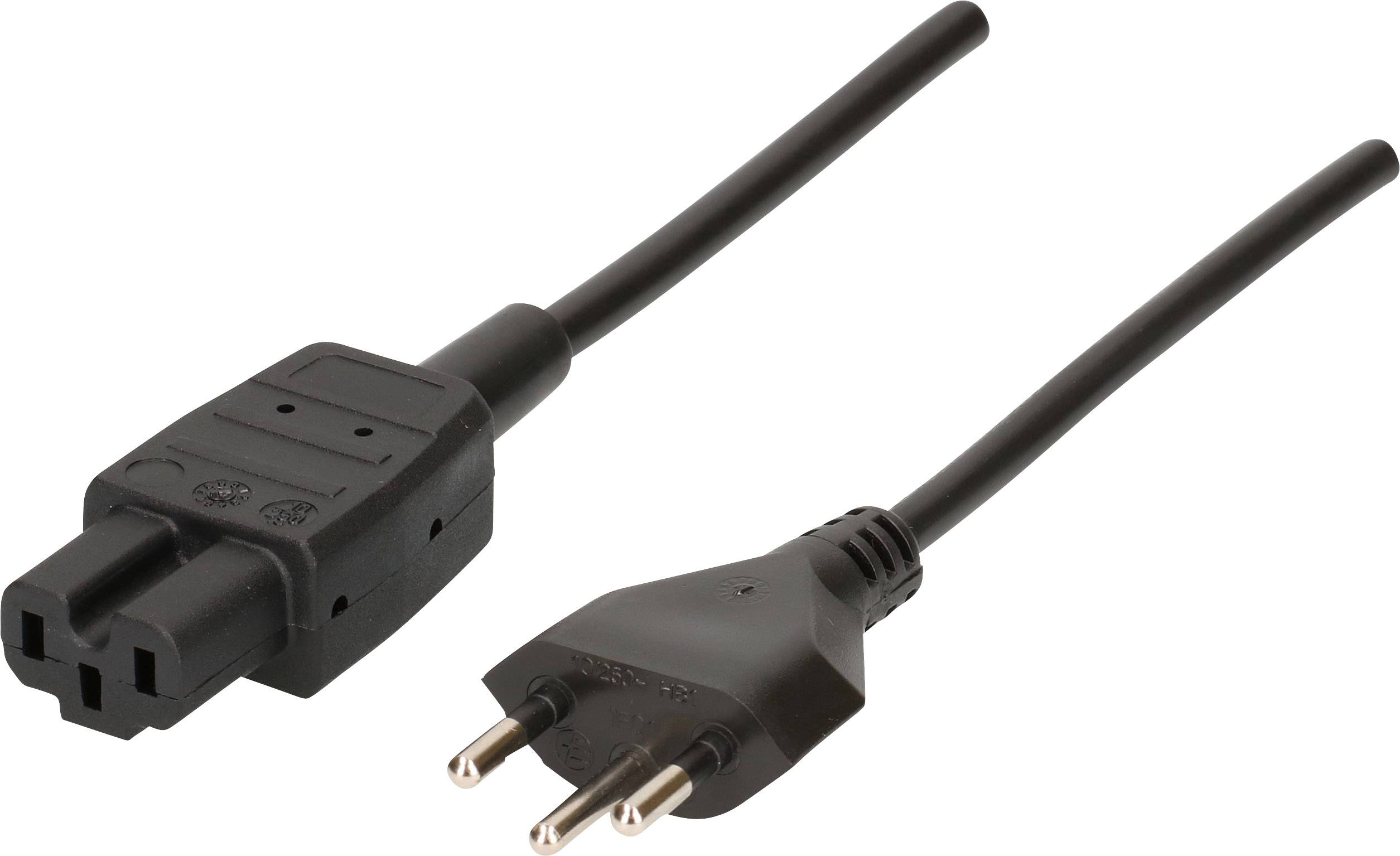 Câble réseau noir avec fiche européenne d'un côté et fiche d'alimentation pour appareil électrique de l'autre, adapté aux appareils électroniques.