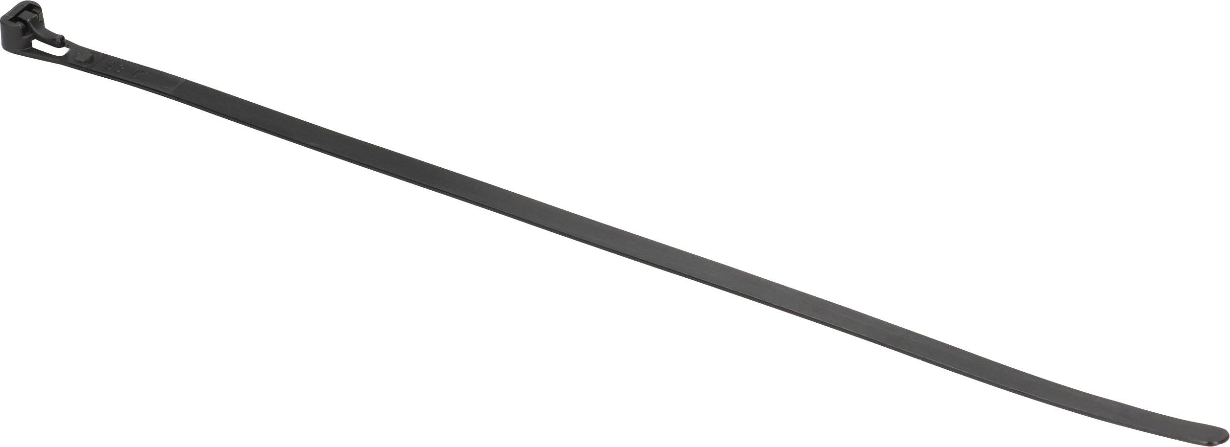 Un collier de serrage noir en plastique utilisé pour regrouper et attacher des câbles ou d'autres objets.