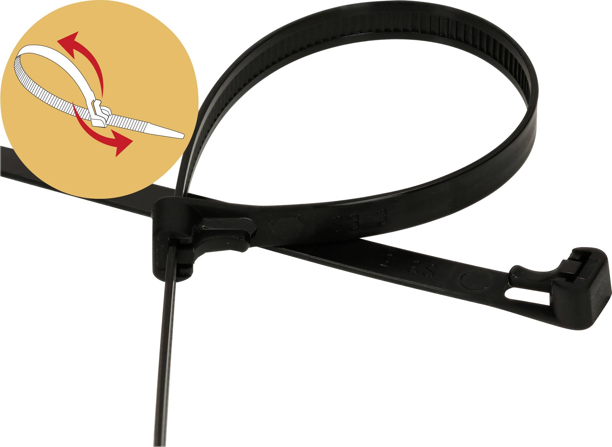 Un collier de serrage noir est représenté, à côté d'une instruction dans un cercle montrant comment le fixer.