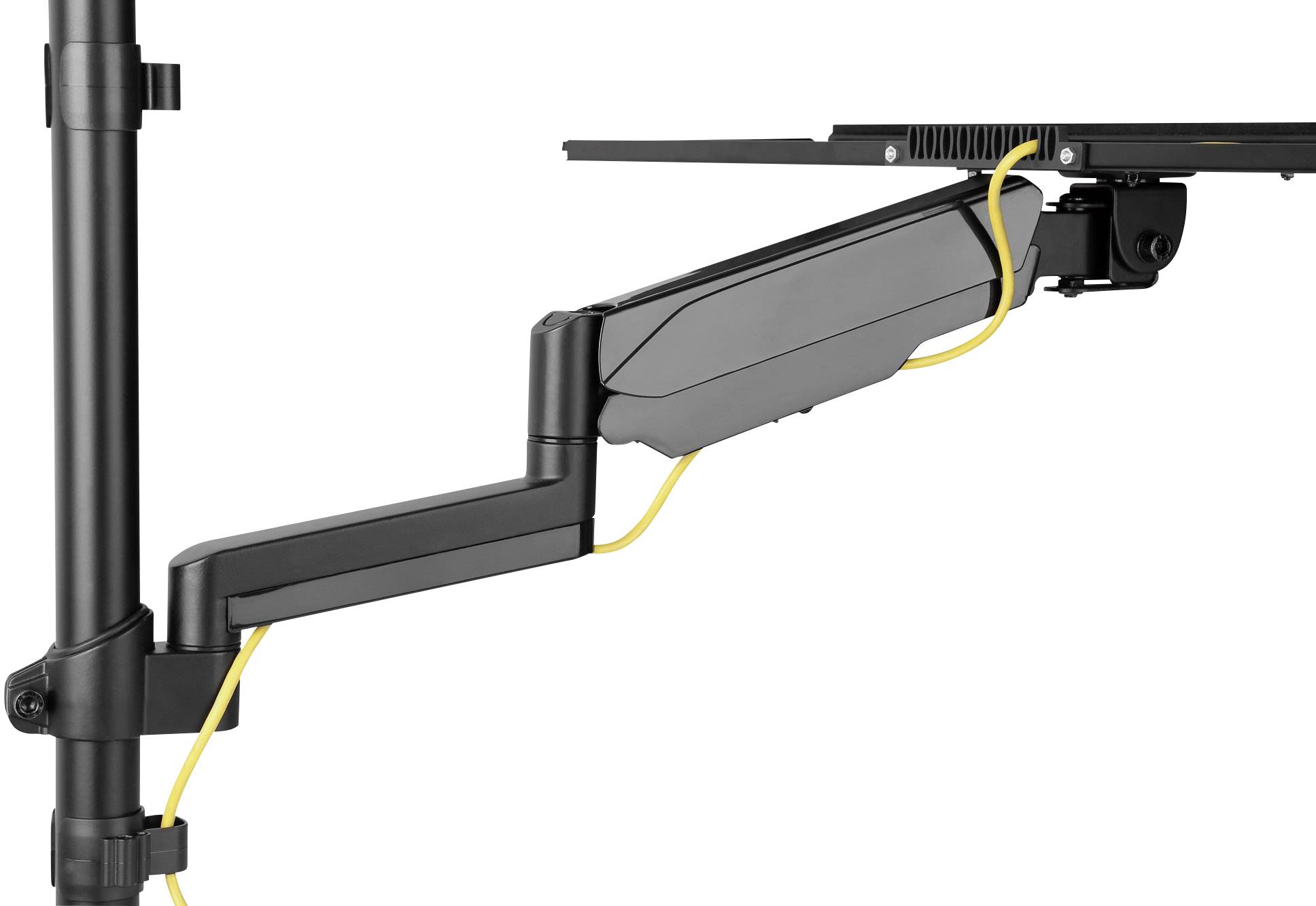 Support de bureau avec bras articulé pour moniteurs. Système de gestion des câbles intégré, avec des câbles jaunes rangés.