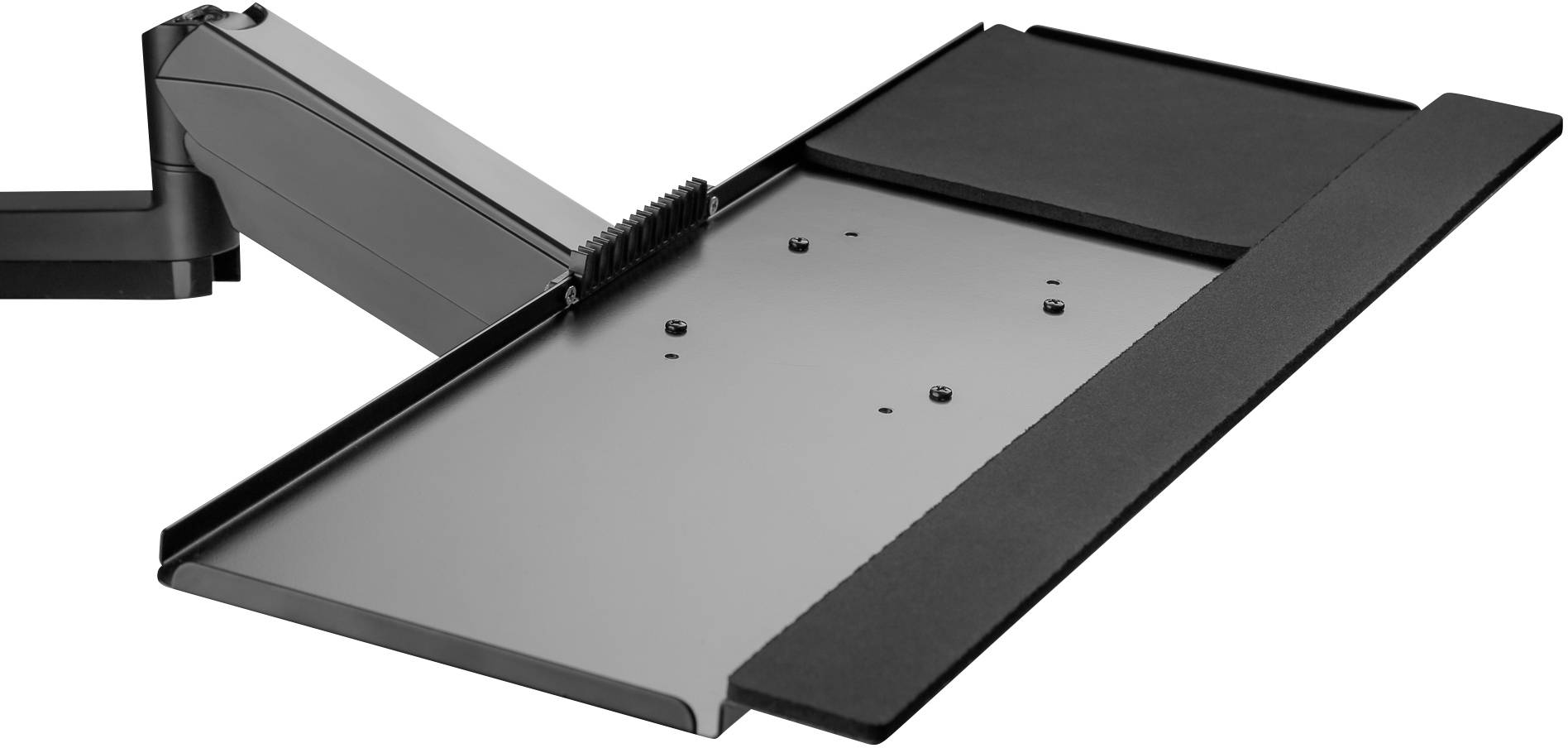 Plateau de clavier noir, réglable, avec support de souris, monté sur un bras pivotant. Idéal pour un travail ergonomique.