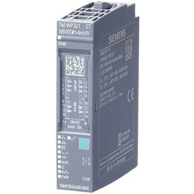 Module d'électronique industrielle, gris foncé, avec logo Siemens et données techniques en blanc. Symboles d'affichage et de connexion en bas.