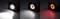 Trois lumières sur une surface sombre, de gauche à droite : spot blanc, lumière blanche et lumière rouge. Les lumières ont des coins rouges.
