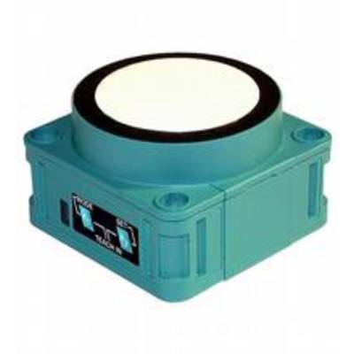 Un appareil électronique carré de couleur turquoise avec un grand bouton blanc et rond sur le dessus.