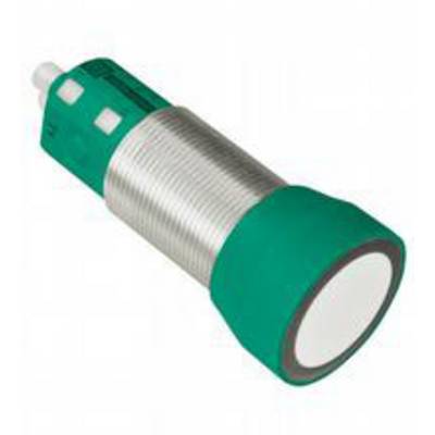 Capteur cylindrique, argenté et vert, avec extrémité bombée et partie filetée. Adapté aux applications industrielles de mesure de distance.