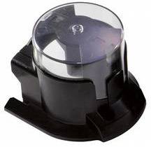 Support noir cylindrique avec un couvercle transparent, probablement une partie d'un dispositif technique ou d'un système mécanique.