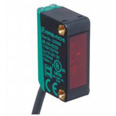 Capteur électronique avec boîtier noir et façade rouge. Câble de connexion visible. Adapté pour la détection d'objets.