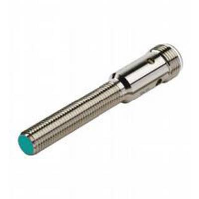 Capteur de proximité cylindrique en métal avec surface striée, partie avant verte et filetage.