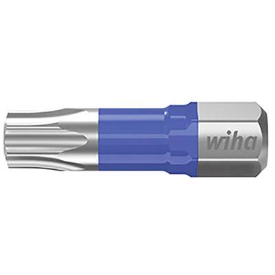 Embout d'outil métallique avec poignée bleue et profil strié sur un côté, portant la marque 'wiha' gravée.