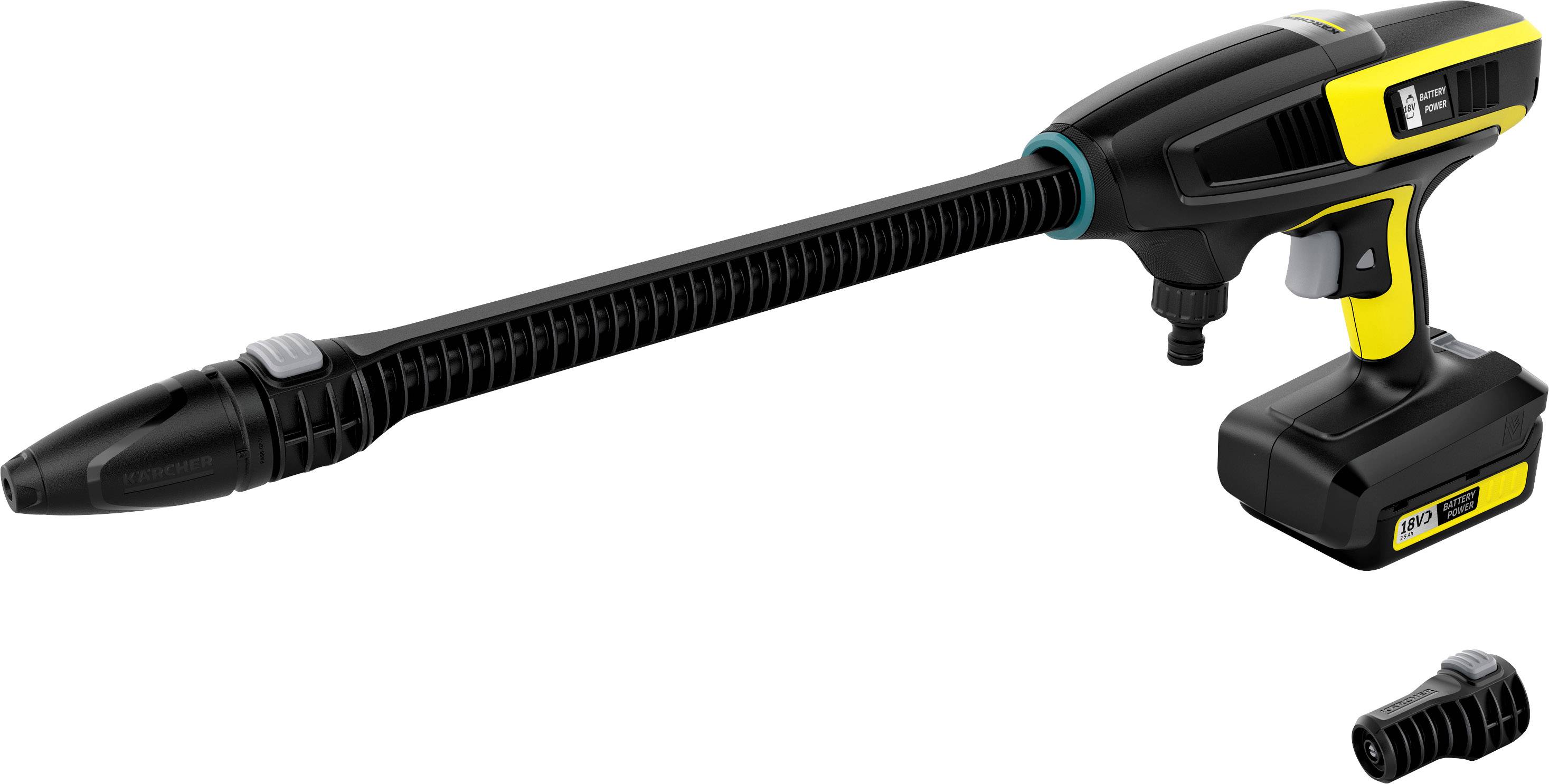 Un nettoyeur haute pression sans fil avec une lance longue et une buse supplémentaire. L'appareil a un design jaune et noir.