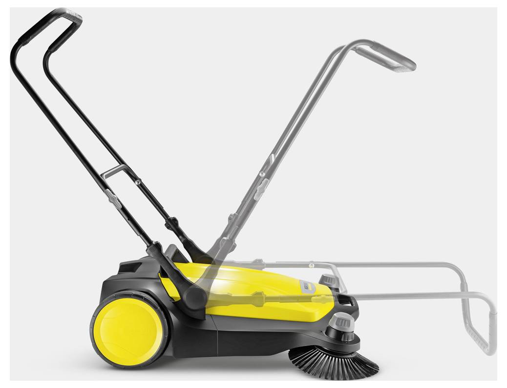 Un balai-balayette manuel jaune et noir avec une poignée réglable présenté sous différents angles, mettant en valeur son design ergonomique.