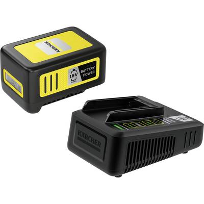 Station de charge avec batterie jaune 18V de Kärcher. La batterie dispose d'un indicateur de charge, et la station de charge affiche un voyant vert.