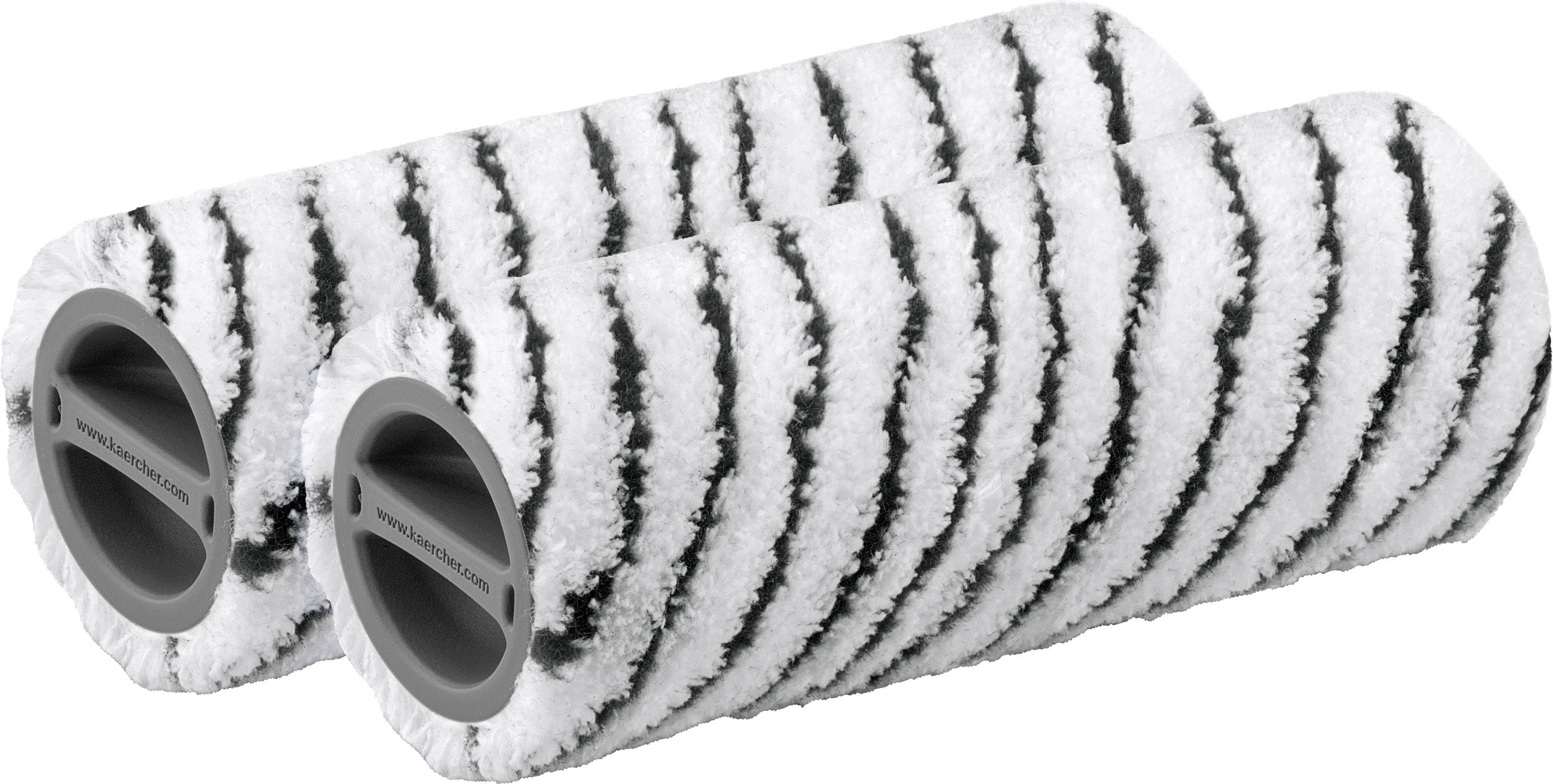 Deux rouleaux de peinture blancs avec des bandes noires, disposés en parallèle, adaptés pour des travaux de peinture.