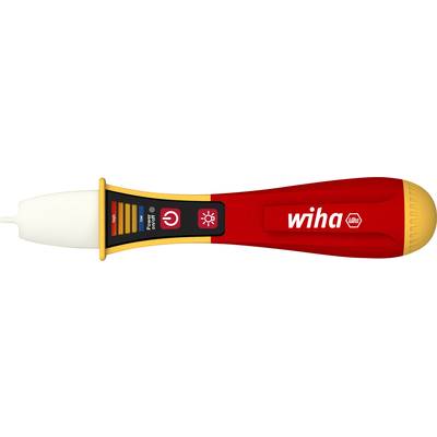 Un testeur de tension rouge de la marque 'Wiha' avec une poignée jaune affiche les icônes de mise en marche et de lumière sur un petit écran.