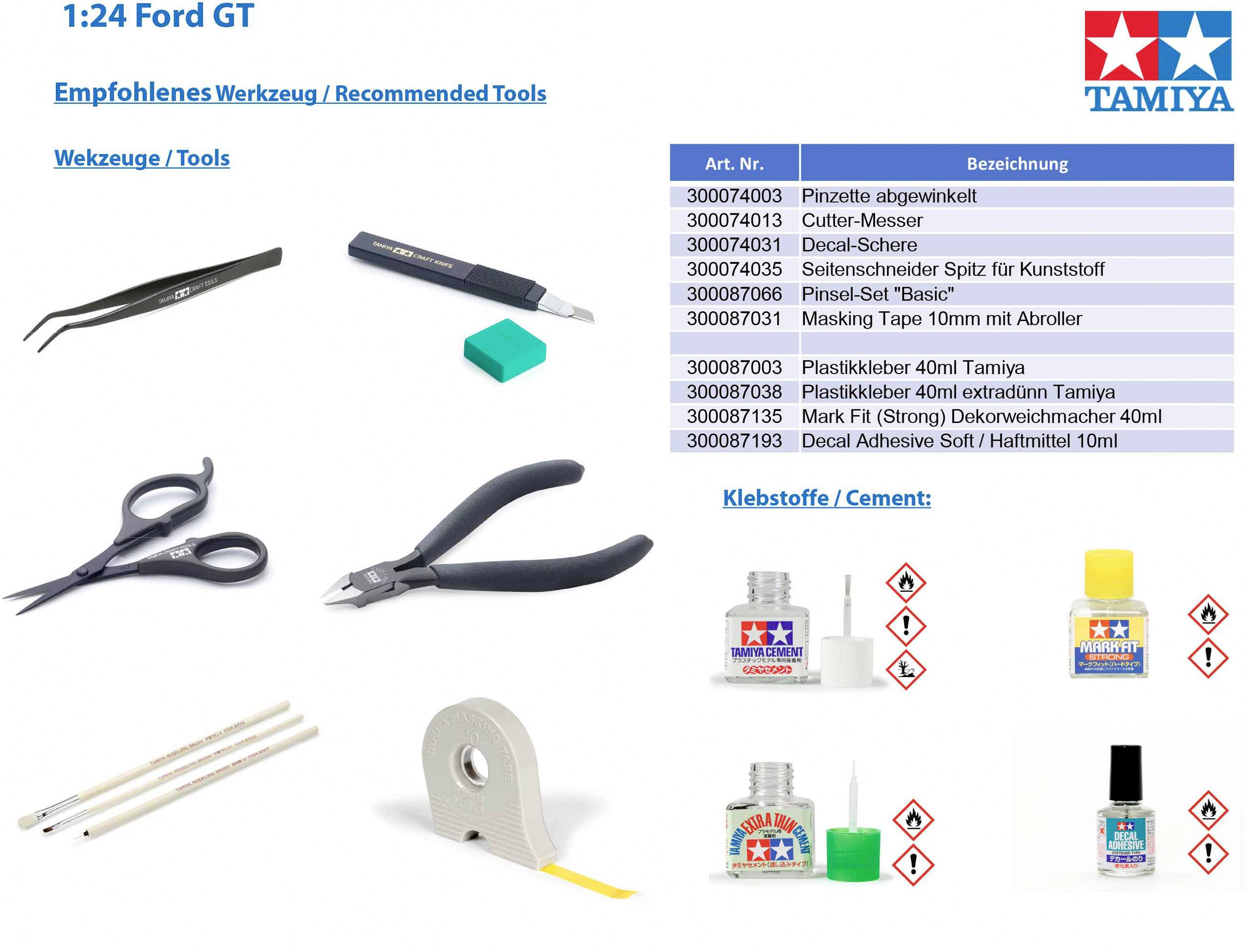 Outils recommandés pour la construction du modèle Ford GT 1:24 : Pinces, cutter, pince, pinceaux, coupe-décalques. Colles Tamiya recommandées.