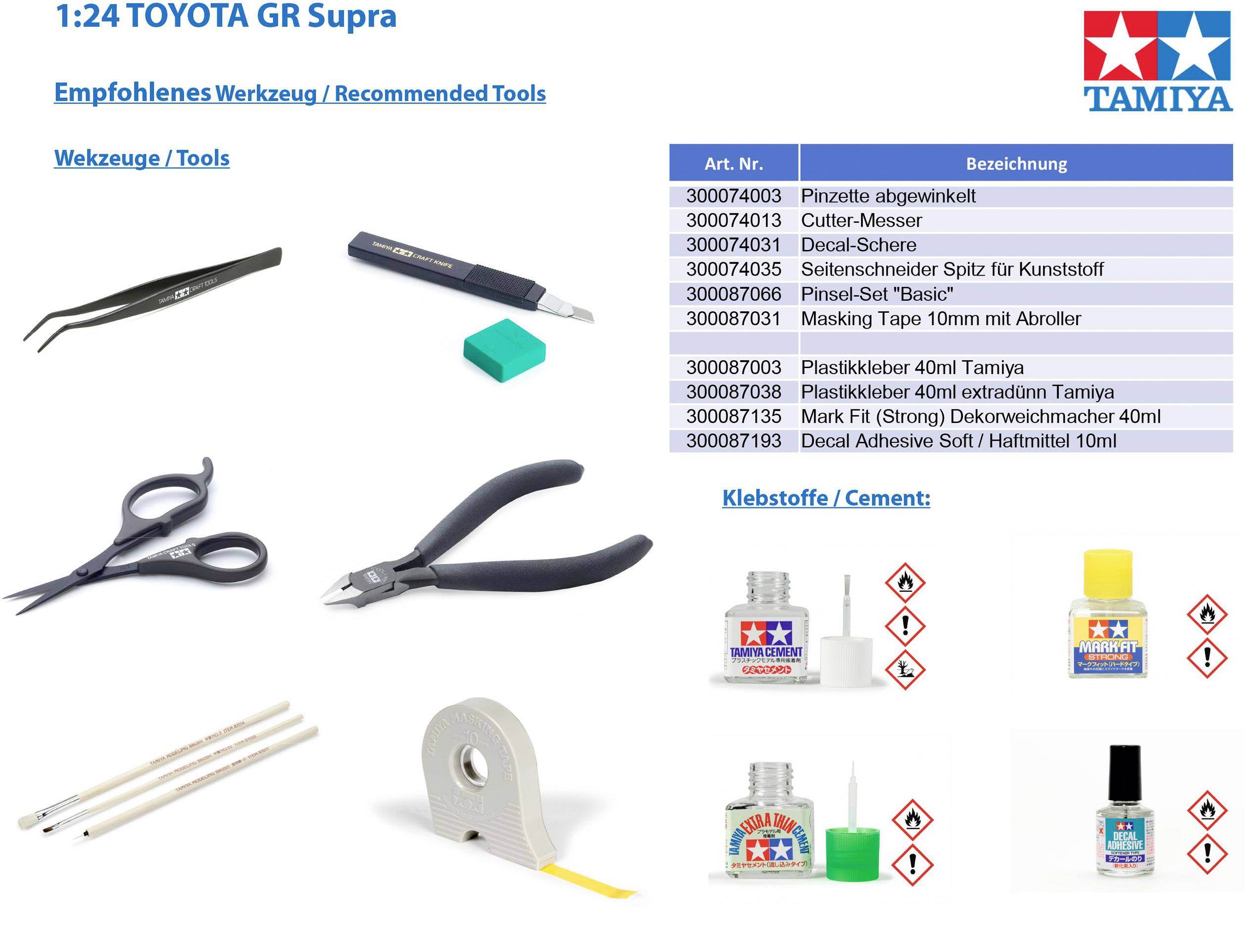 Outils et colles pour la construction du modèle Toyota GR Supra Tamiya 1:24 : pince à épiler, cutter, pinceaux, dévidoir, et différents types de colles.