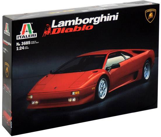 Emballage d'une maquette : 'Lamborghini Diablo' par Italeri, échelle 1:24, montrant l'image d'une voiture de sport rouge sur fond noir.