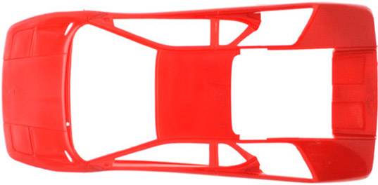 Châssis de carrosserie de voiture miniature en plastique rouge, vue de dessus, sans roues ni intérieur, montrant la structure et le design.