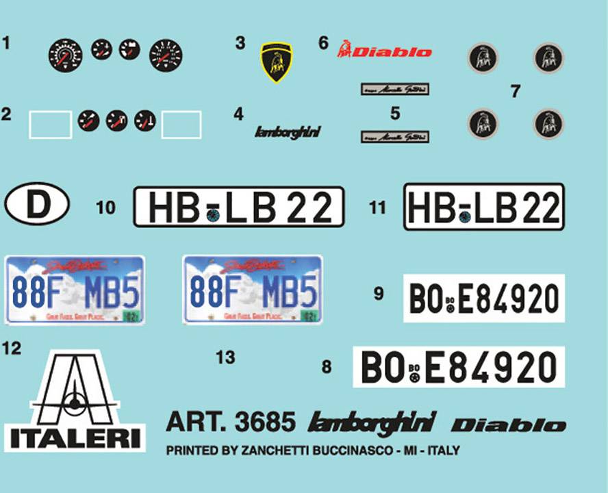 Collection de motifs 'Diablo' : Différents autocollants de voiture et plaques d'immatriculation avec des inscriptions telles que 'Lamborghini', 'Diablo' et des codes de régions.