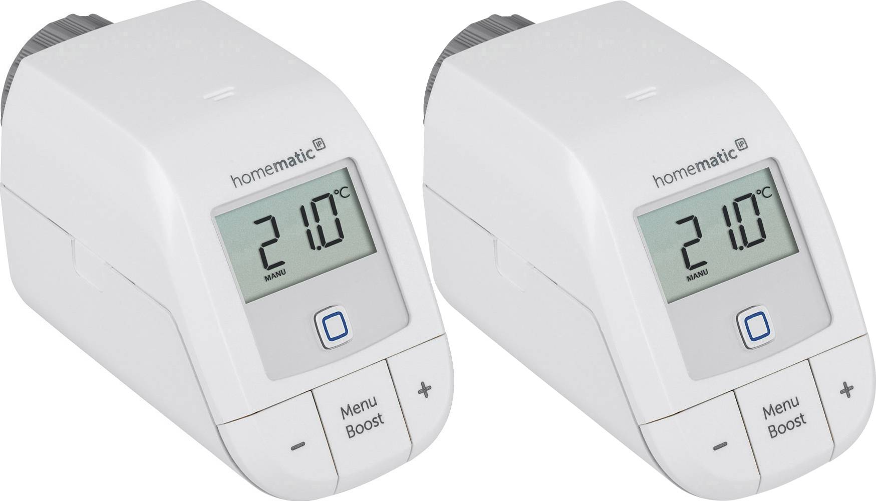 Deux thermostats numériques de radiateur avec écran affichent 21,0°C. Les touches de commande se trouvent en dessous.