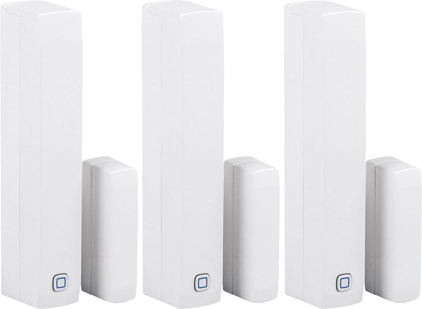 Deux contacts de porte ou de fenêtre blancs avec un indicateur LED bleu, présentés en ligne.