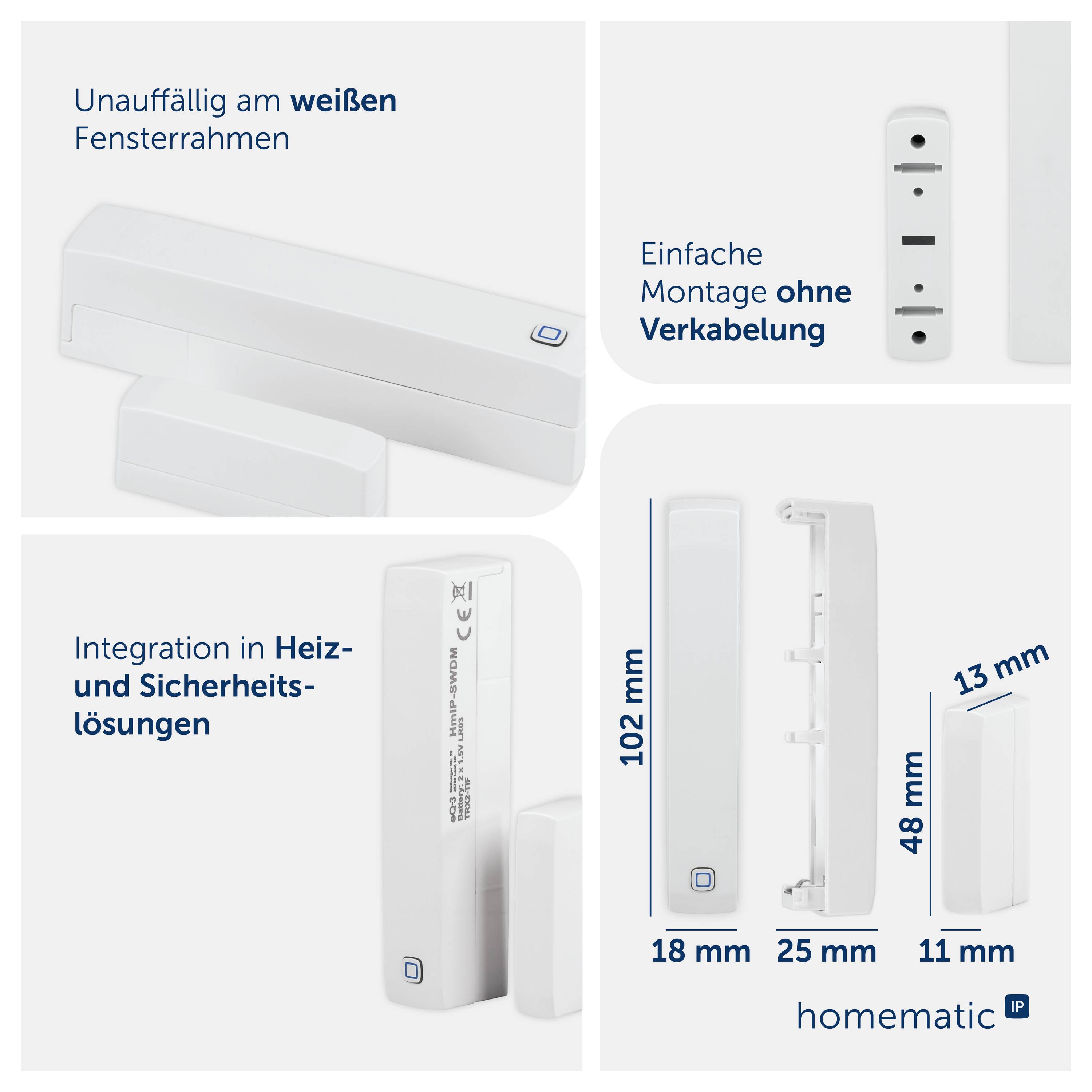 Graphique produit d'un capteur blanc pour cadre de fenêtre avec « Installation facile sans câblage » et dimensions 102 mm, 48 mm, 25 mm, 18 mm, 13 mm et 11 mm.