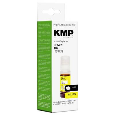 Bouteille d'encre jaune KMP de qualité premium, remplace l'Epson 102 T03R4 pour les imprimantes EcoTank, illustrée sur l'emballage du produit.