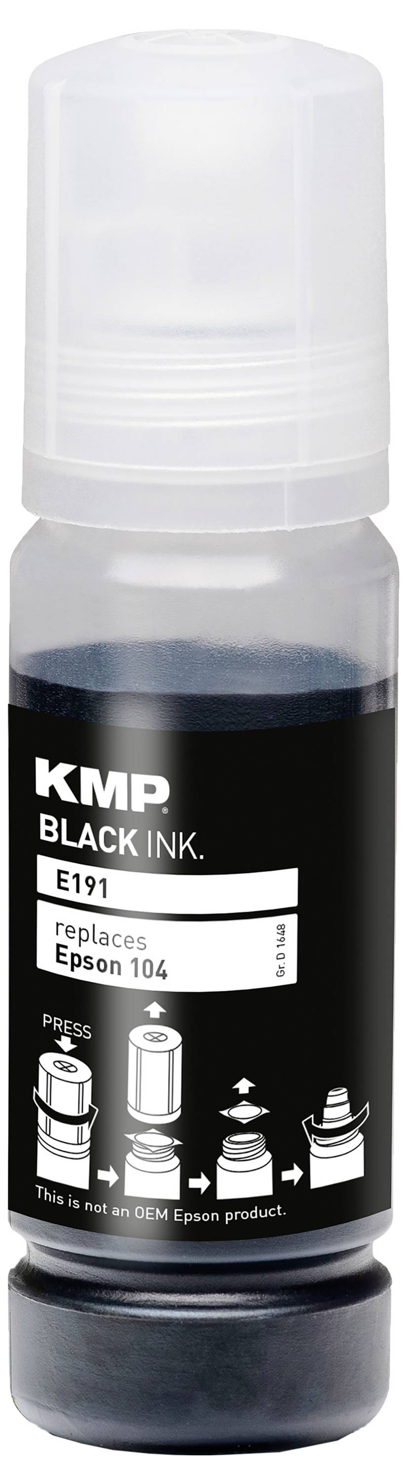 Une bouteille d'encre noire KMP portant l'étiquette E191 pour imprimantes Epson 104, présentée comme un produit OEM Epson.