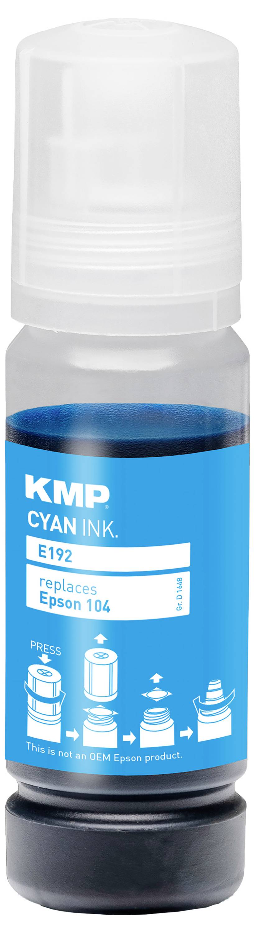 Une petite bouteille d'encre d'imprimante cyan étiquetée KMP CYAN INK, E92, pour Epson 104, avec un capuchon translucide et une base noire.