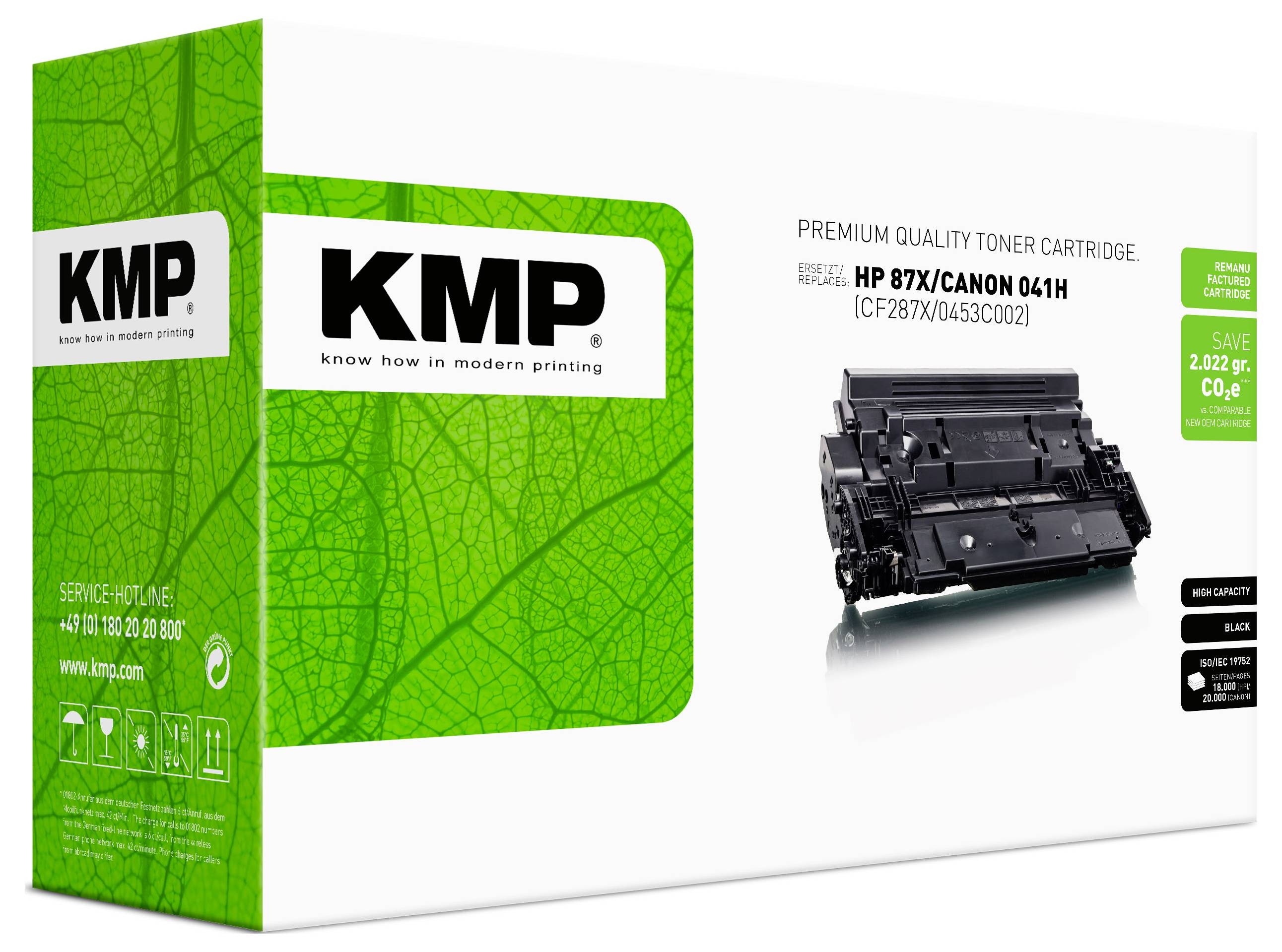 Boîte de cartouche de toner KMP de qualité premium pour HP 87X/Canon 041H, présentée dans un emballage vert avec la cartouche illustrée sur l'avant.