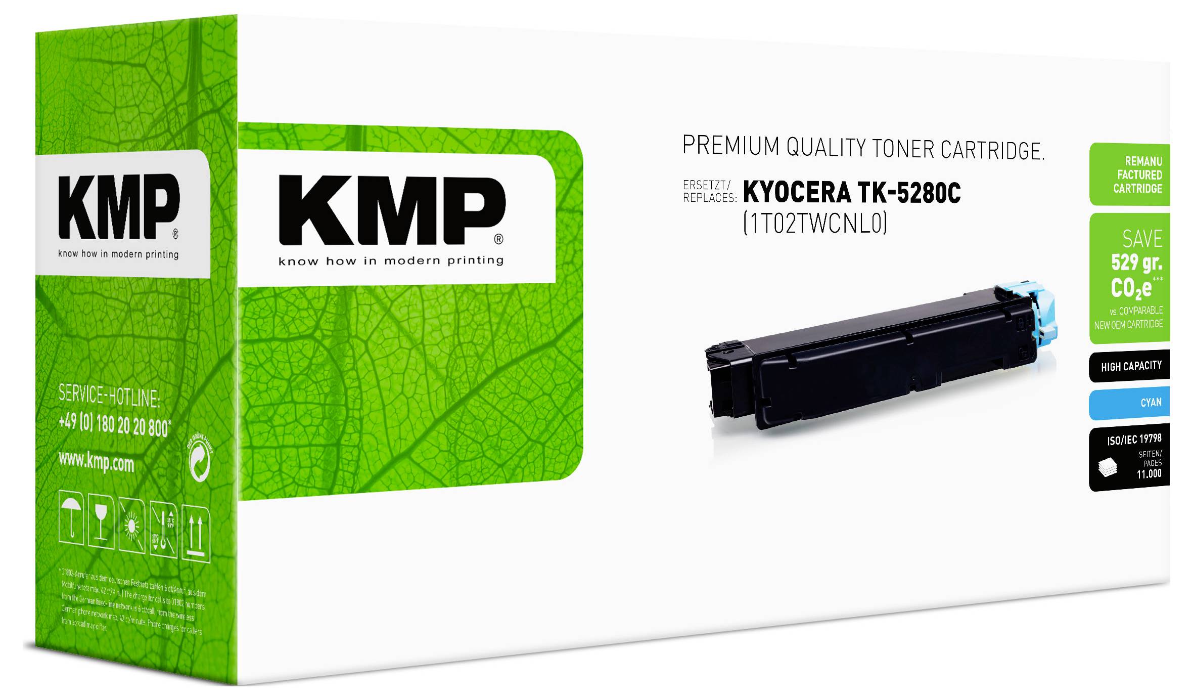 Boîte de cartouche de toner premium KMP pour Kyocera TK-528C, présentée avec l'image de la cartouche noire et l'emballage vert.