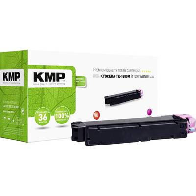 Cartouche de toner devant l'emballage, montrant la marque KMP et le modèle Kyocera TK-5280M. L'emballage indique une 'qualité supérieure'.