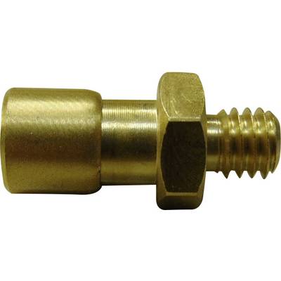 Un raccord métallique de couleur or, cylindrique, avec un filetage et un embout hexagonal, typiquement utilisé pour les connexions de tuyauterie.