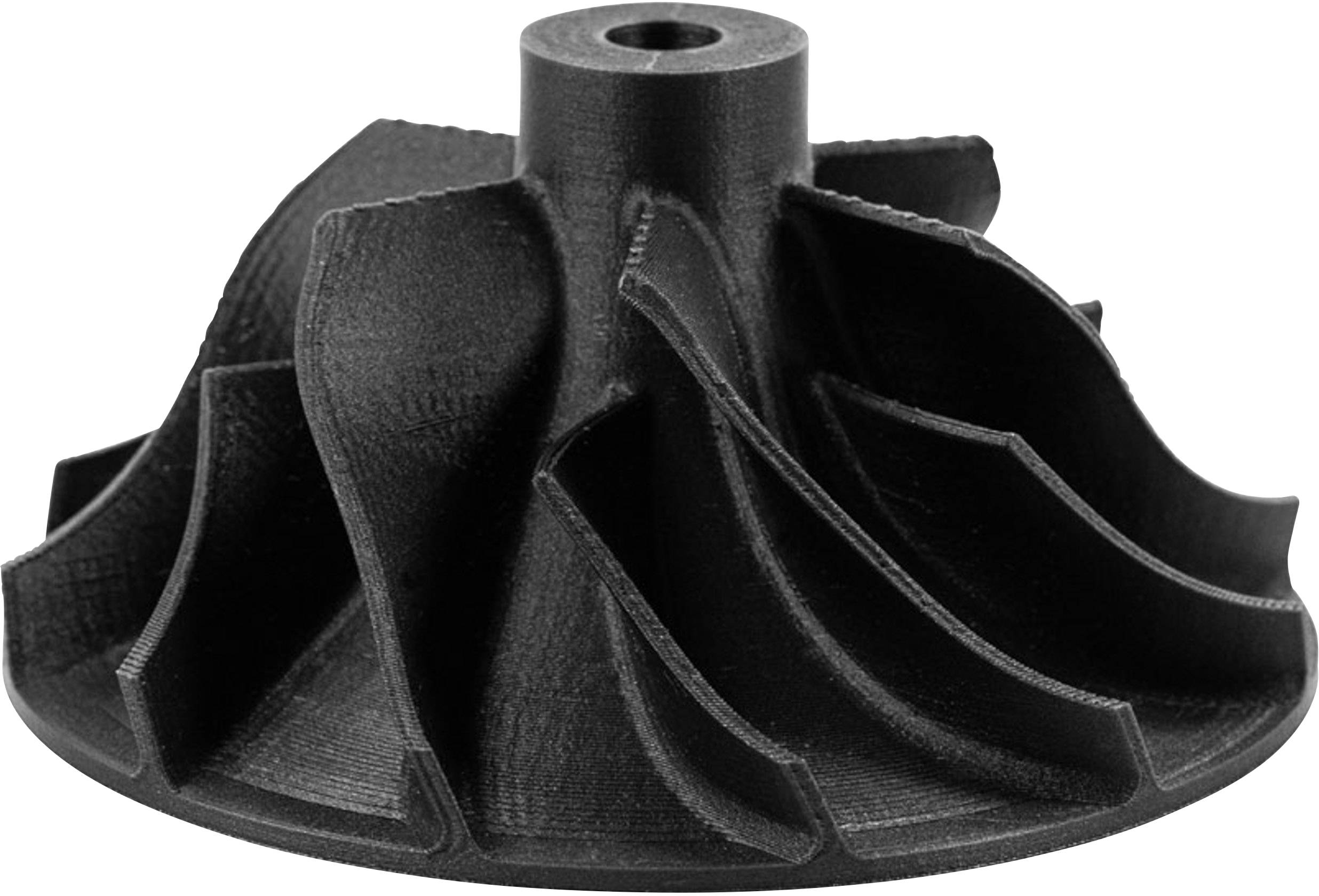 Composant de turbine noir avec de nombreuses pales courbes, alésage central, probablement partie d'un élément mécanique.